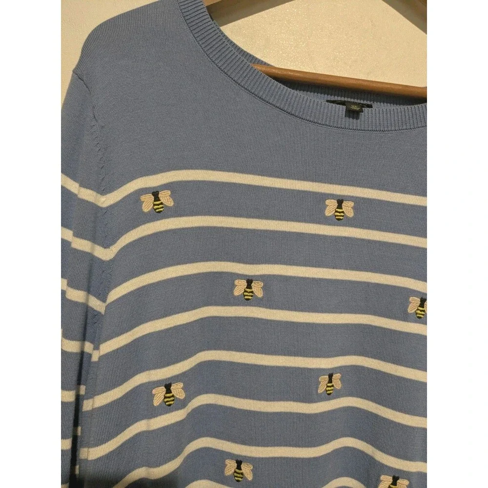 Talbots Sweater Women Medium Blue Striped Bumble Bee Crewneck Pullover XL